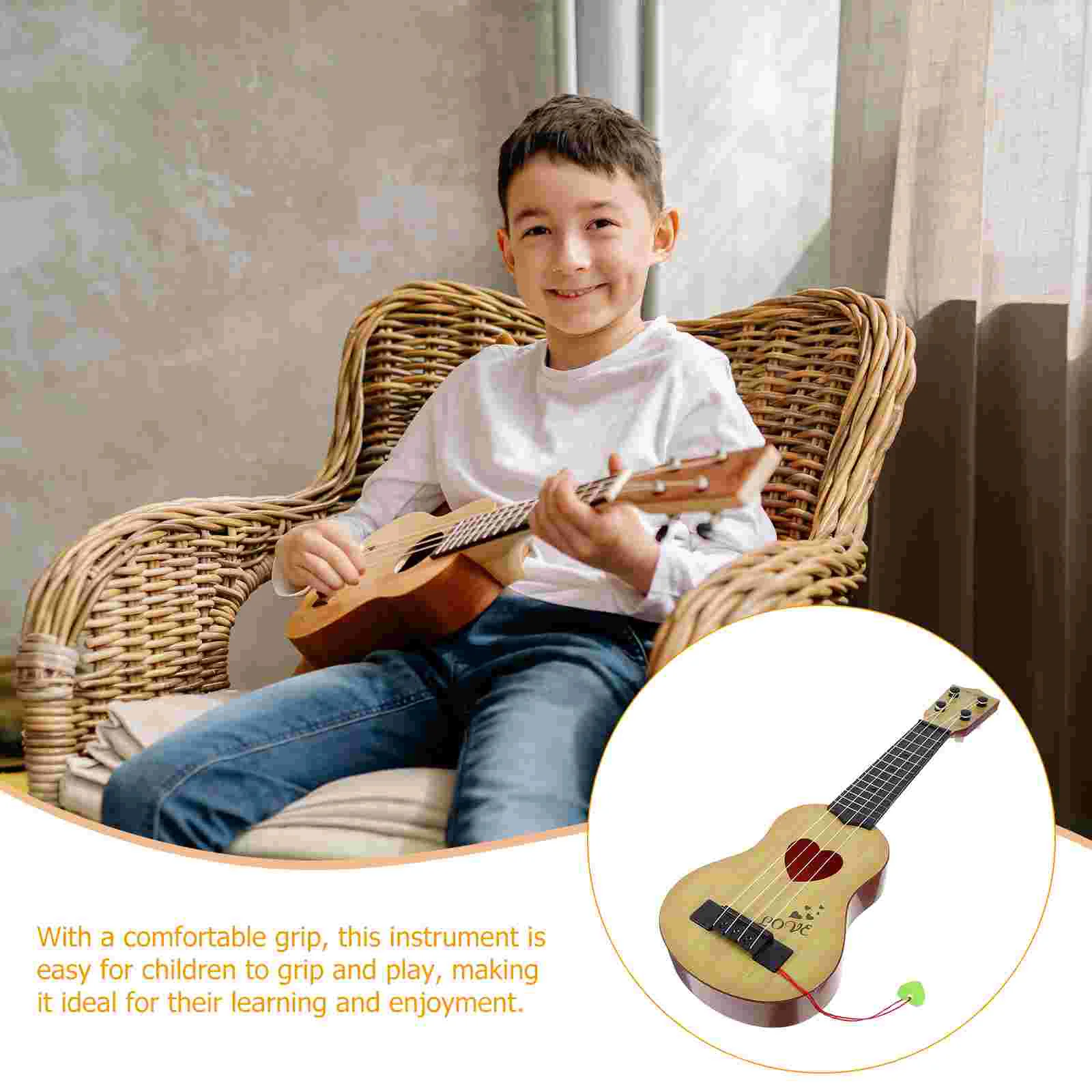 Children Small Size Musical Instruments Imitated Ukulele Mini Guitar Playing Toy with Four Strings (39cm, Beige)