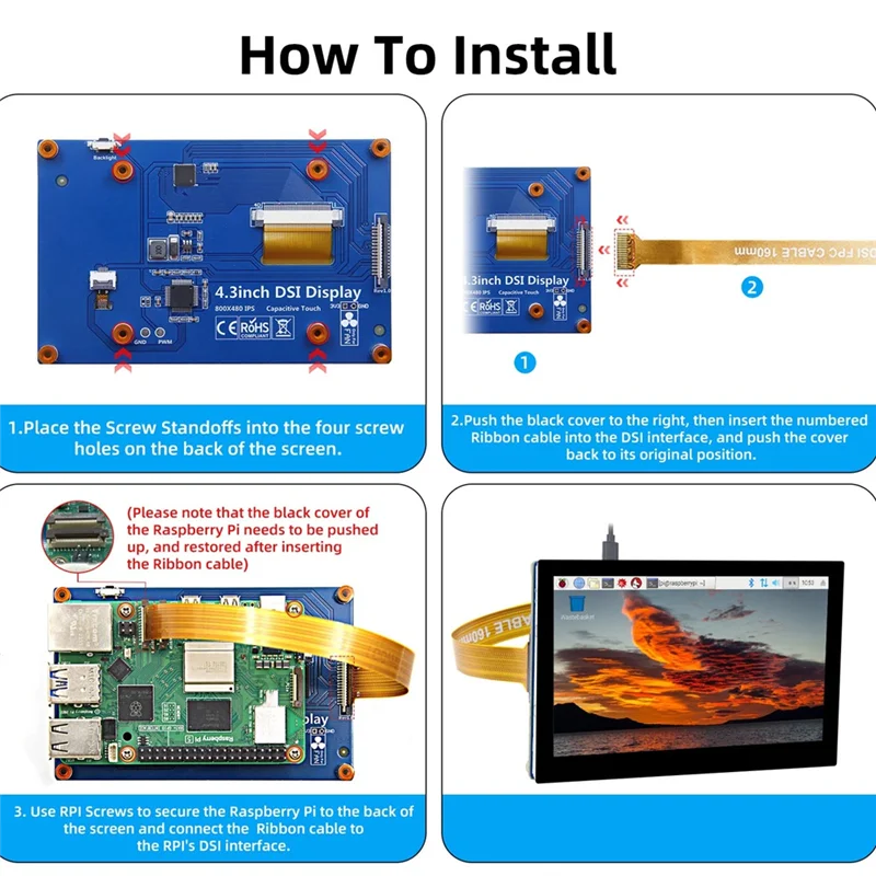 【GLAD】Monitor portátil de tela de toque LCD Rpi5 DSI de 4,3 polegadas capacitivo 800X480 para Raspberry Pi 5 4 3 3B + 2