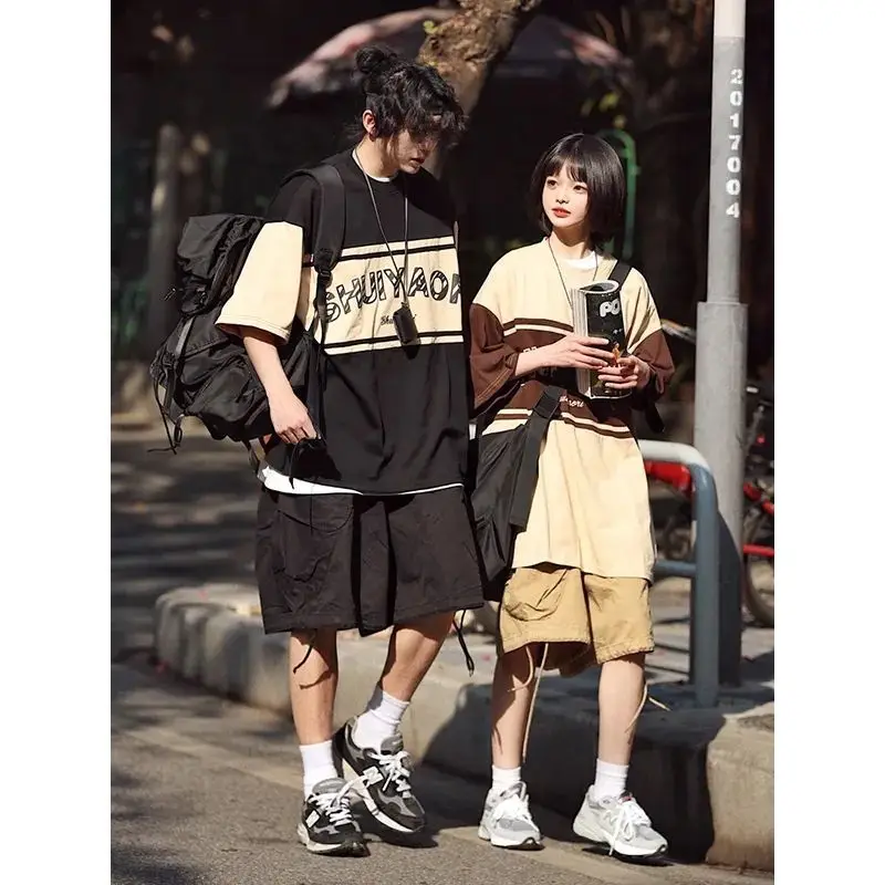 

Original 2022 Summer Japanese Retro Loose Round Neck Short Sleeve Stitching Contrast Color T Shirt Men and Women T Shirt y2k top