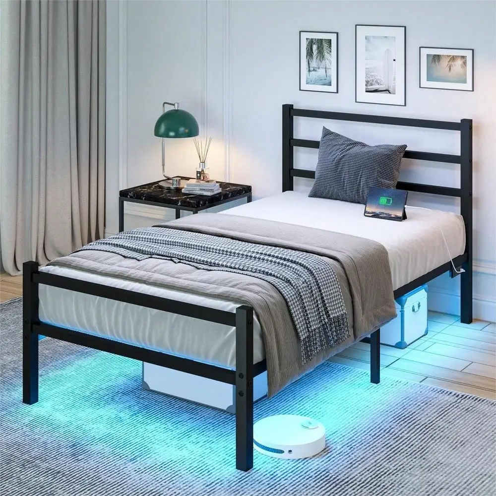

Каркас кровати с зарядной станцией и LED-подсветкой, металлический каркас кровати-платформы с прочными стальными ламелями, мебель для спальни, простая сборка