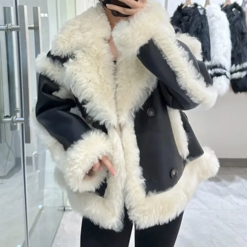 2024 Women's Leather Jacket Thick Warm Vintage Autumn Real Wool Fur Coats Lady Fashion Lamb Fur Outwear