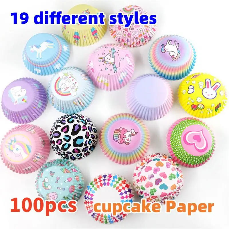 100pcs Colorful Cupcake Paper Marfen Cup Printed Cake Paper Tray Tube Packed Cake Cup Baking Oil-proof Home Kitchen Bakeware