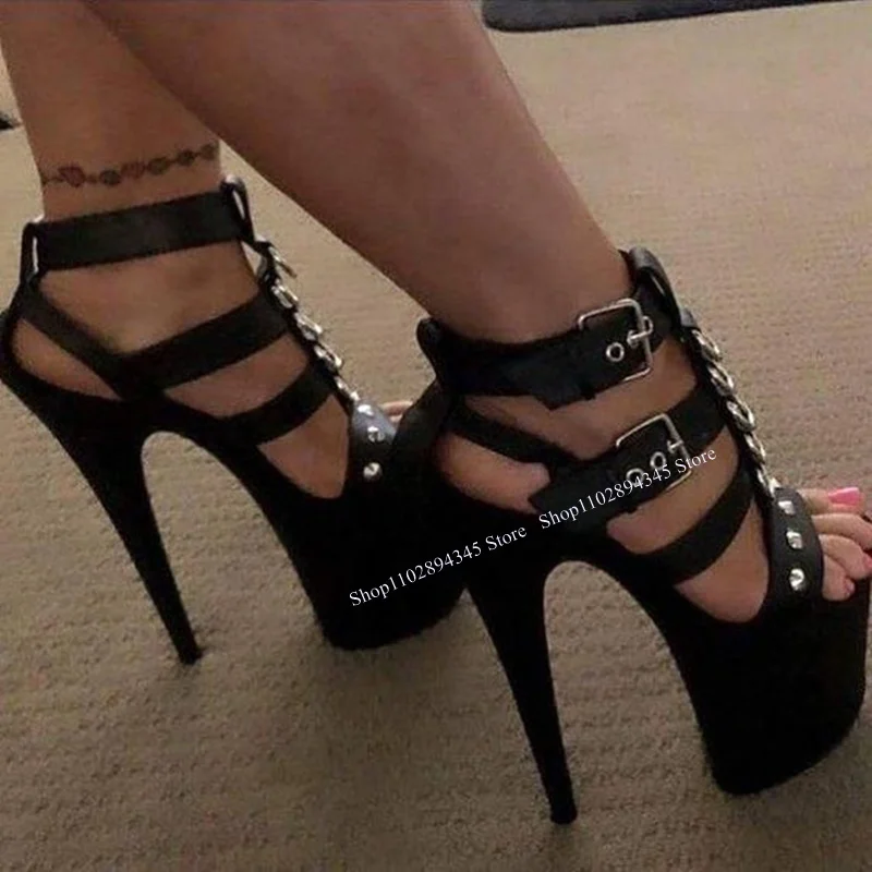 

Black Rivet Platform Sandals Hollow Thin High Heel Peep Toe Fashionable Novel Sexy Woman Shoes Summer Party Zapatillas Mujer