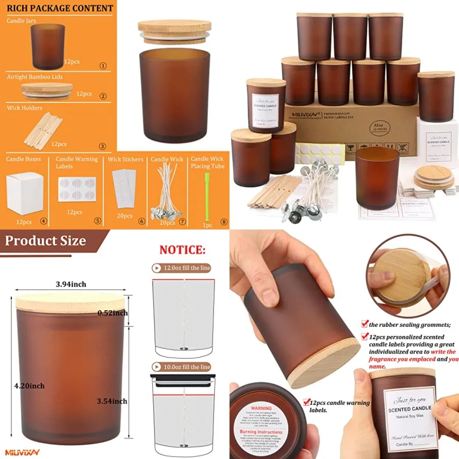 Paquete de 12 Frascos de Vidrio para Velas de 12 oz con Tapas y Kits para Hacer Velas - Frascos Vacíos al por Mayor para Fabricación de Velas - Especias, Polvo