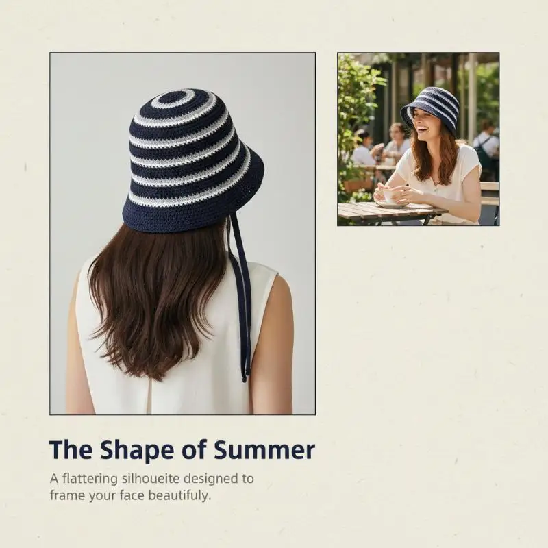 Knitted Basin Hat with Stripe Pattern and Hollow Out Sunshade Ideal for Summer Beach Adventures