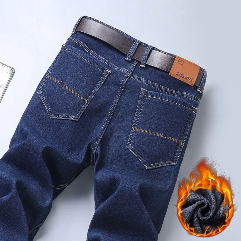

Высококачественные зимние флисовые теплые джинсы, мужские хлопковые деловые прямые джинсовые брюки, флокированные рабочие брюки на открытом воздухе, утепленные мужские брюки 28-38