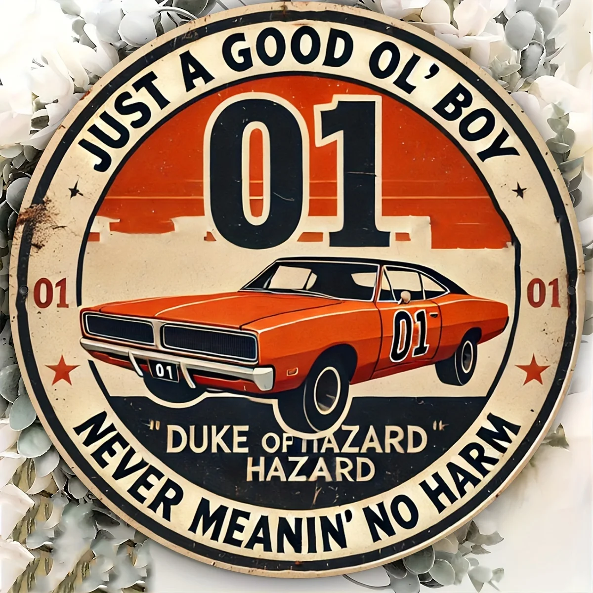 2D FLAT Vintage Duke of Hazzard 19.99x19.99cm Round Aluminum Sign - Rustic Metal Wall Art, Durable & Weatherproof for Home, Offi