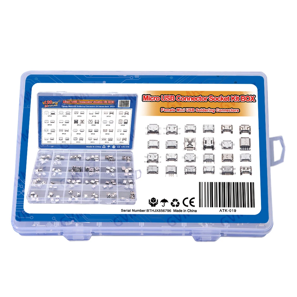 120Pcs Micro USB Connector Kit 24 Models Mini Female Usb Soldering Connectors Diy For MP3/4/5 Samsung Huawei SMD DIP Socket Kit