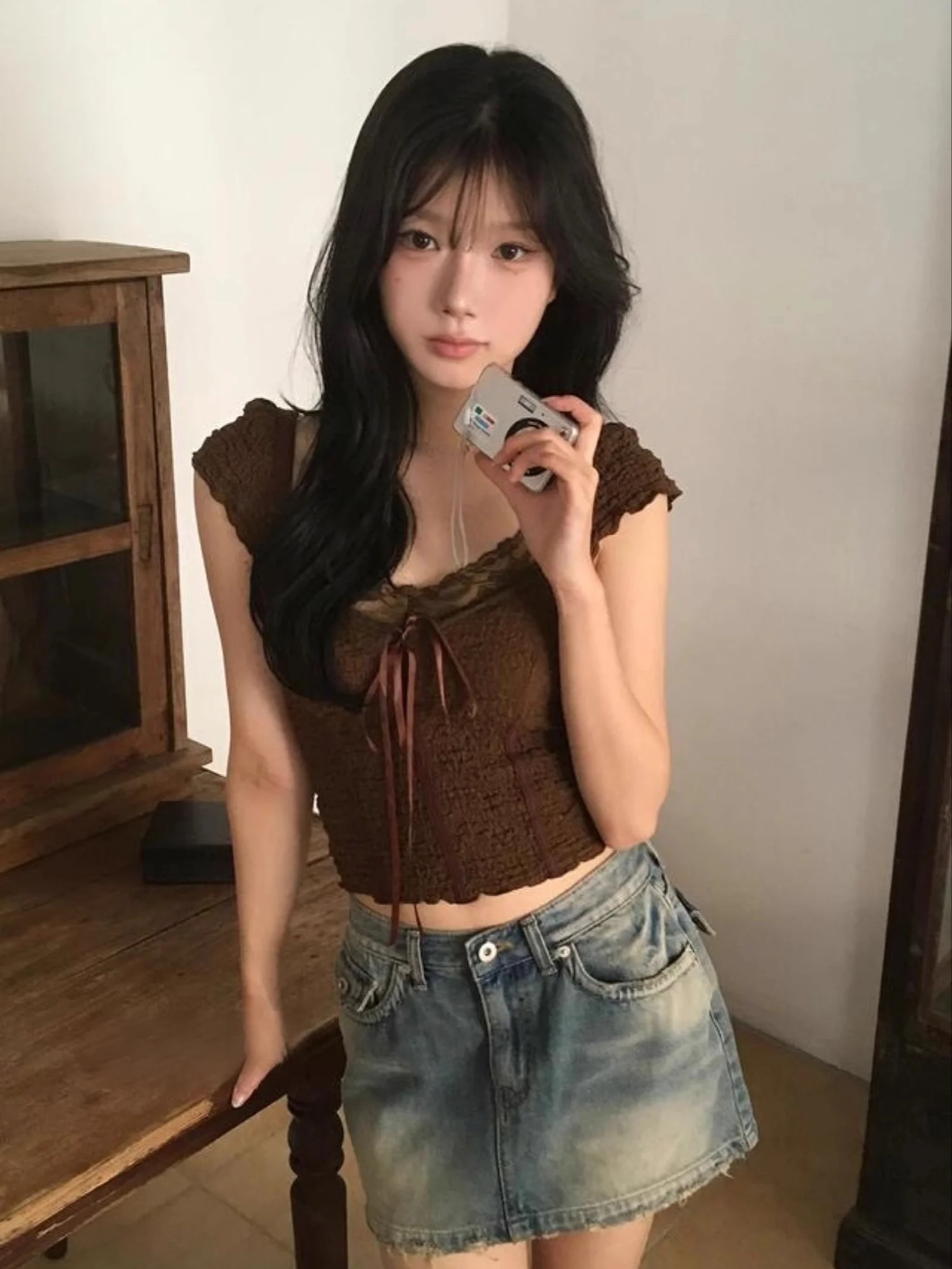 Delicate Lace  Knot Short Sleeve T-Shirt Korean Style Commute Fashion Soft Texture Pleated Slimming Top for Women