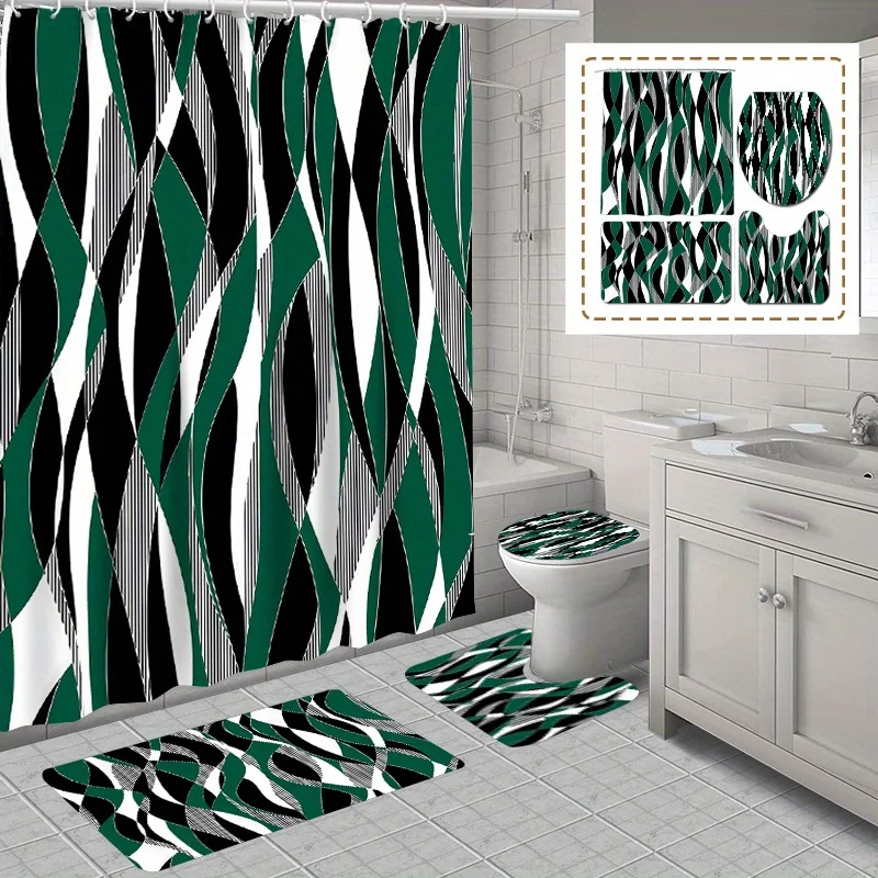 4pcs Deluxe Bathroom Set - Green Stripe Pattern Waterproof Shower Curtain with Hooks, U-Shaped Mat, Toilet Cover Mat, L-Shaped