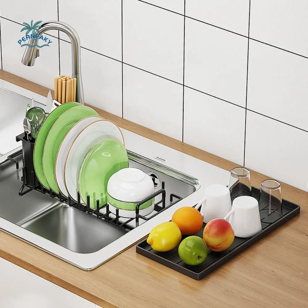 

Extendable Bottom Tray Counter Dish Drying Rack Black Space-Saving Dish Drainboard with Chopstick Box
