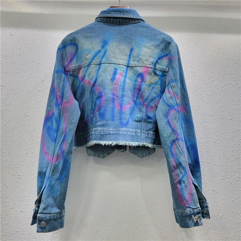 European and American Short Denim Jacket 2024 Autumn New Heavy Industry Rhinestone Diamond Graffiti Spray Paint Short Coat Women