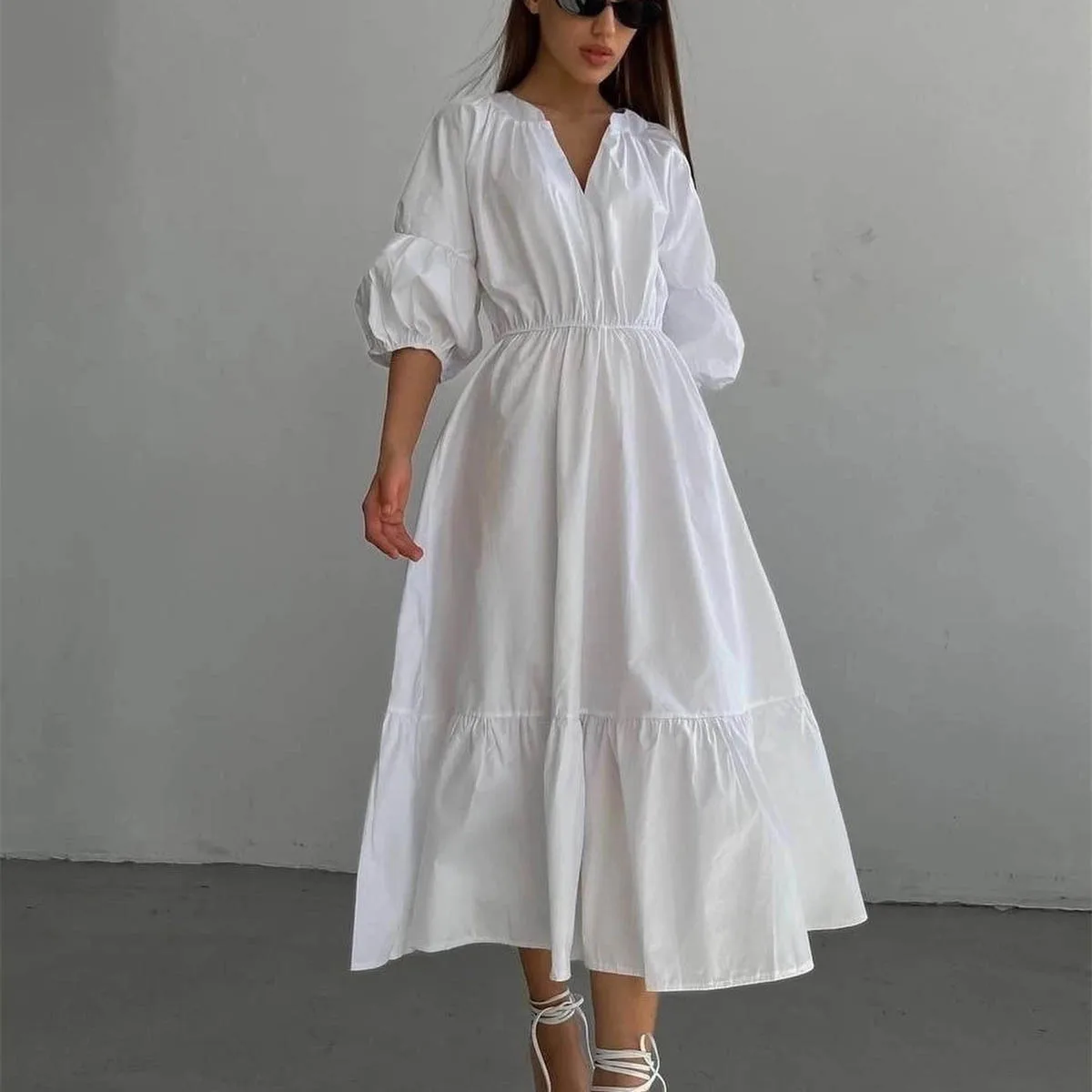 Sexy Vintage Patchwork Empire Waist Maxi Dress Solid Luxury V Neck Lantern Sleeve Ruffle Loose Dress Women Autumn Vacation