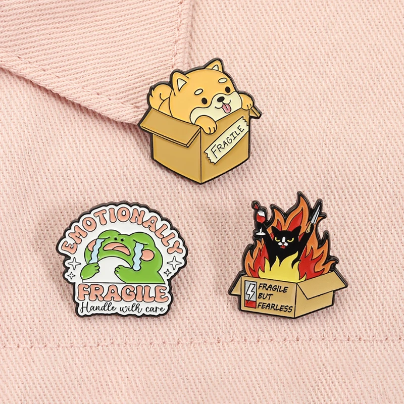 Fragile But Fearless Enamel Pins Mental Health Anxiety Cute Frog Dog Animal Brooches Lapel Badge Jewelry Gifts for Friends