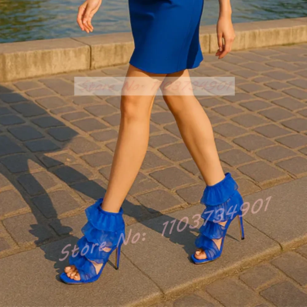 Blue Mesh Ruffles Square Toe Sandals Women Casual White Lace See-through Stiletto High Heels Shoes Female Elegant Party Sandals