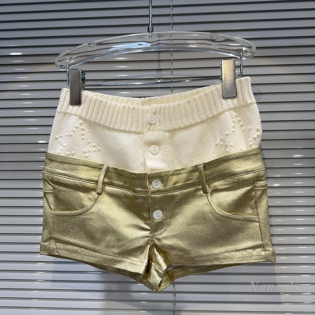 2024 Winter New Niche Knitted Double Waist Splicing Gold PU Leather Spice Girls Shorts Boots Shorts for Women