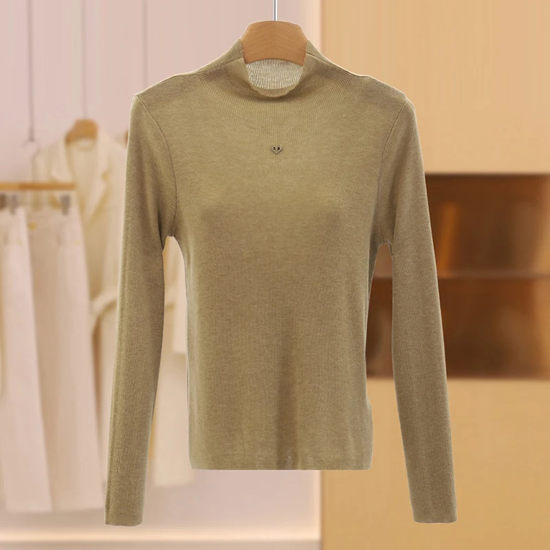 

Pure Color Slim Fit f High Collar Wool Blend Sweater Versatile Commute Sle Long Sve round Ne Winter Women's Top