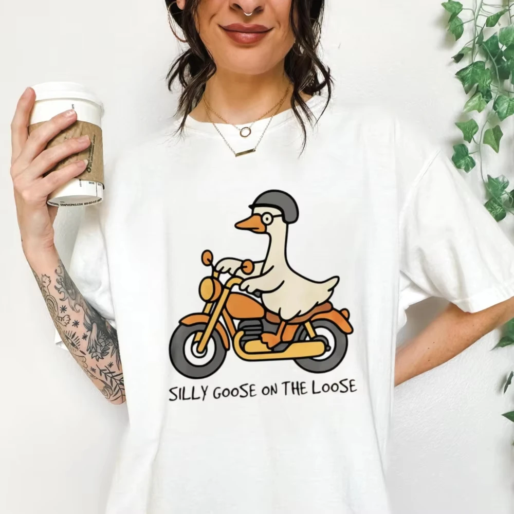 Funny Cartoon Goose Motorcycle Rider Tshirt Silly Goose On The Loose Crew Neck Short Sleeve Trendy Animal Design Women's Tees