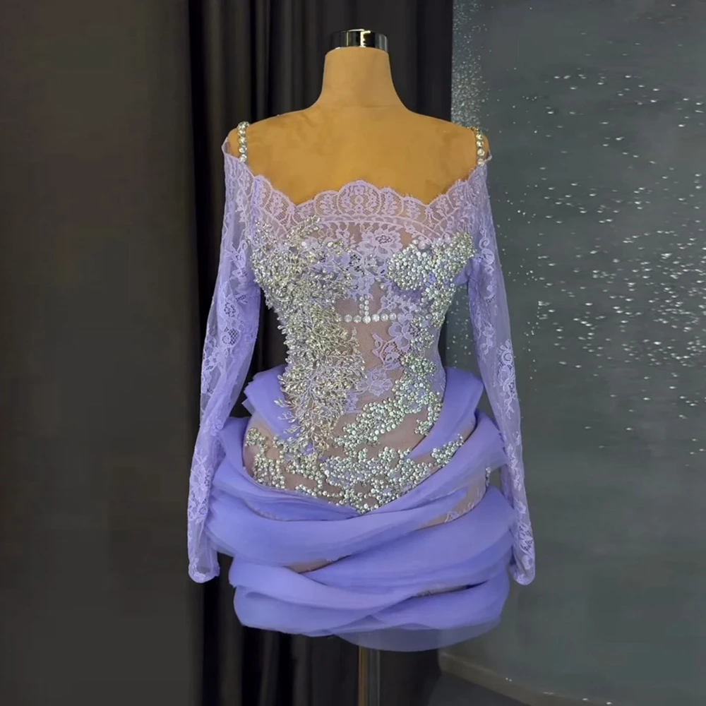 Sexy See Through Lavender Party Dress Pearls Beaded Woman Clothes Long Sleeve Applique Sequins Luxury Cocktail Dresses Plus Size