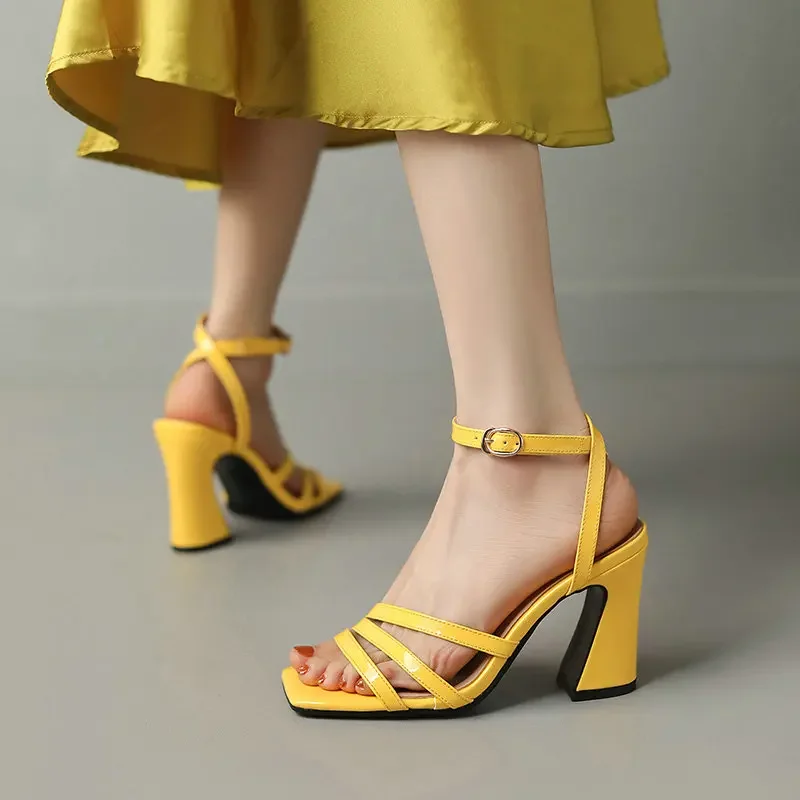 

Colorful Rose Yellow Color Open Toe Buckle Ankle Strap Elegant Lady Summer Pumps Shoes Thick High Heels New Women Luxury Sandals