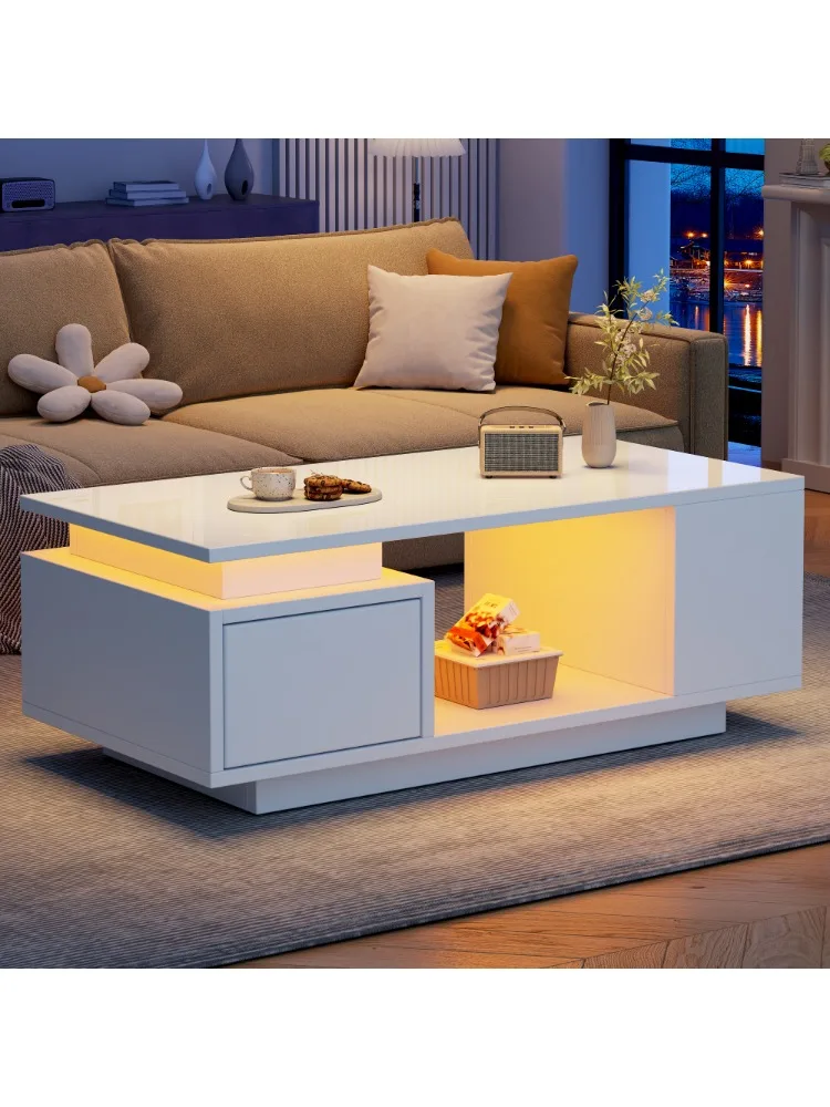PINGGO High Gloss Coffee Table with Open Storage, 1 drawer, LED lights, Centre Table, Sofa Side Table, 100*50*36cm, White