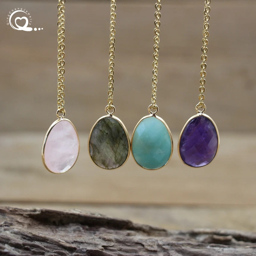 

Faceted Rose Quartz Amethyst Pendants Necklace Reiki Healing Crystal Natural Stone Labradorite Charms Jewelry For Women QC3351