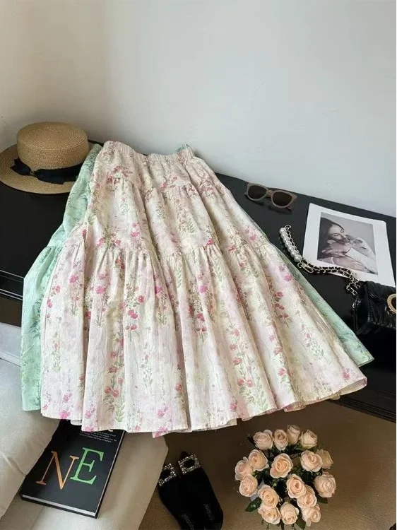 

Pastel een Floral Print ter Ne Dr Women's Summer New Gentle Sle Slimming A-Line Skirt High Waist Design