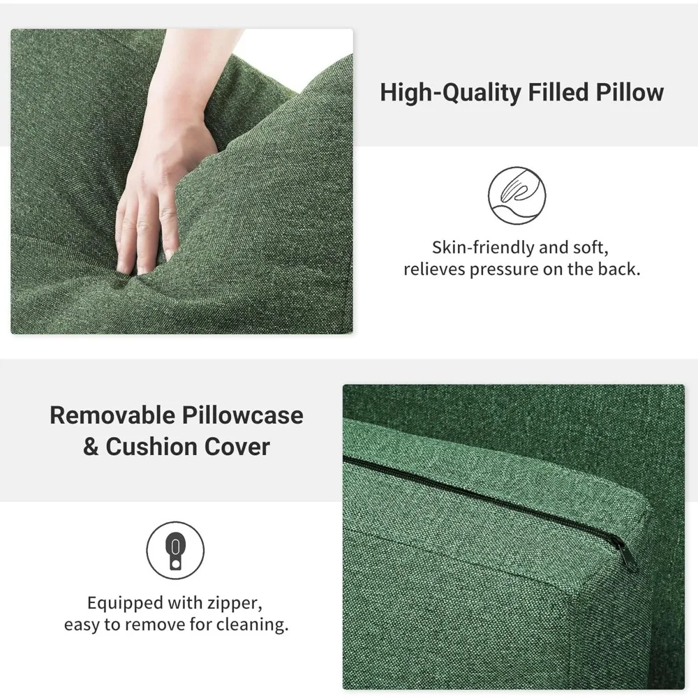 Sofá compacto verde de 2 plazas para espacios pequeños, sofá tapizado de estilo moderno de mediados de siglo