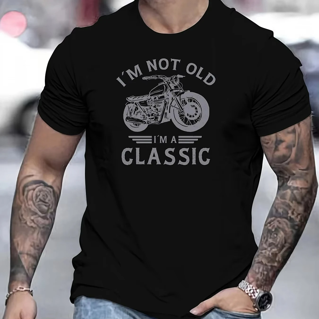 

Summer Men's Cotton Casual Loose Oversized T-shirt Classic Motorcycle Creative Print Round Neck Short Sleeved Breathable Tops