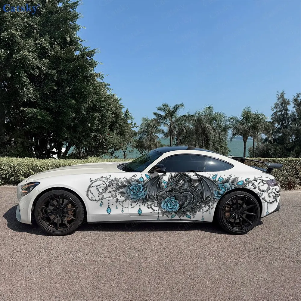 2pcs Scroll Vine Rose Winged Dragon Car Side Wrap, Self-Adhesive PVC Waterproof & Scratch-Resistant Stickers, Car Accessory Gift