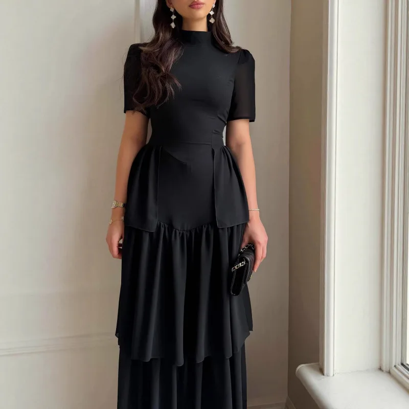 Elegant Tiered Cake Chiffon Maxi Dress Women Short Sleeve Waist Layered Dress Chic Daily Date Beach Summer Formal Long Dress