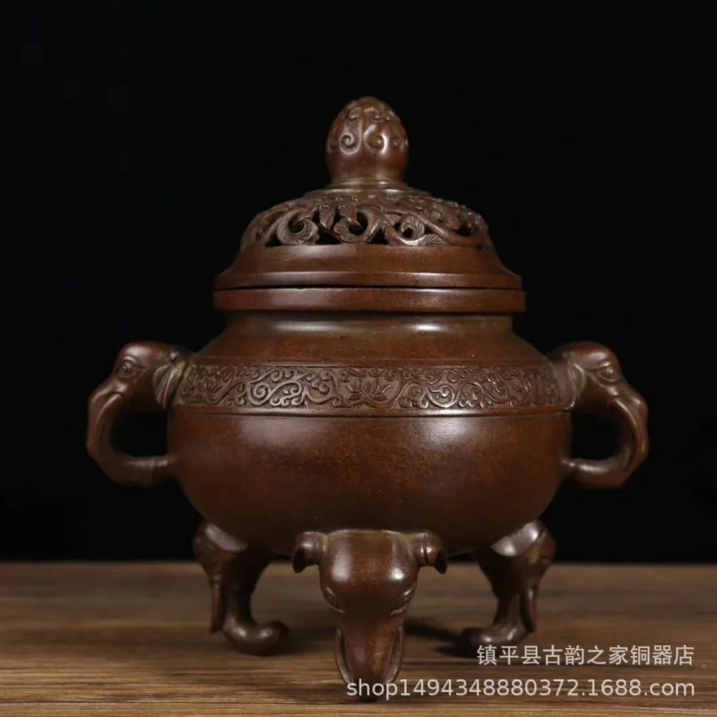 Pure Copper Branch-Wrapped Button Elephant Foot Brass Incense Burner Ornament Office Living Room Shop Study Craft