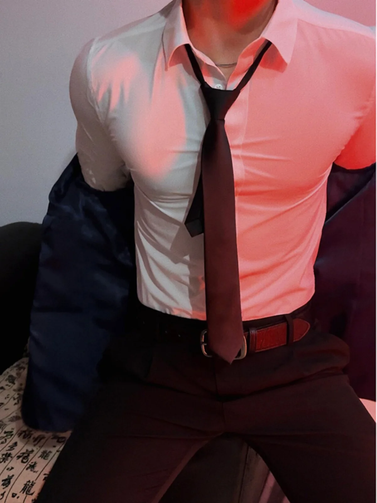 

White Long Sve irt Men's Spring Sle Lightweight Mature Briti Ele Casual Inner Wear Top Youth Trend Polyester Fiber