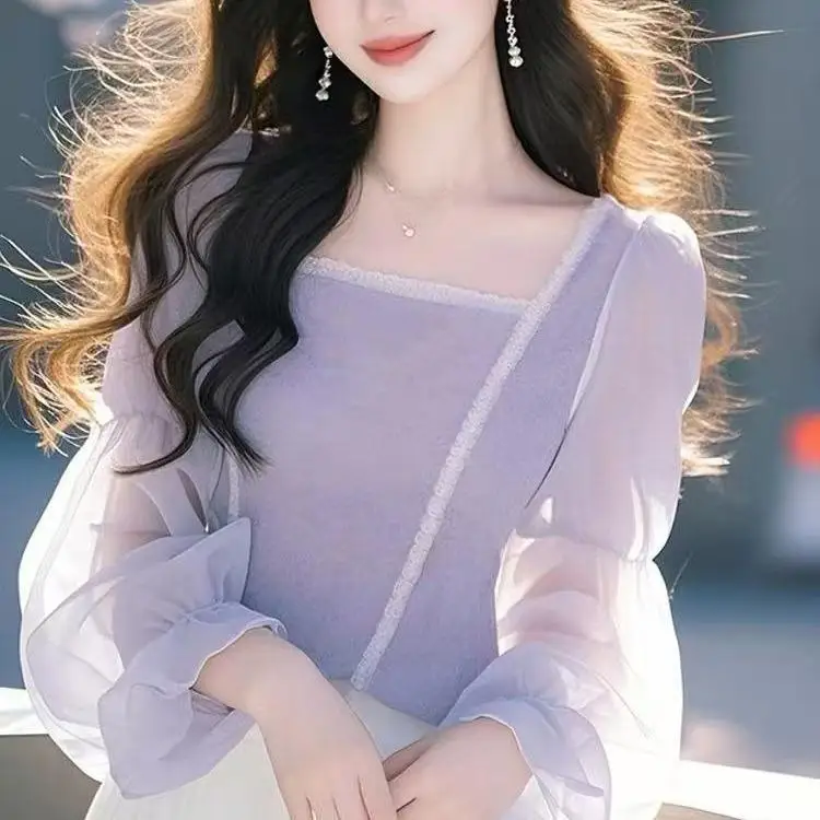 

Purple High-end Square Collar Design Long-sleeved Shirt Women Spring Chinese Style Beautiful Beautiful Unique New Chinese Top
