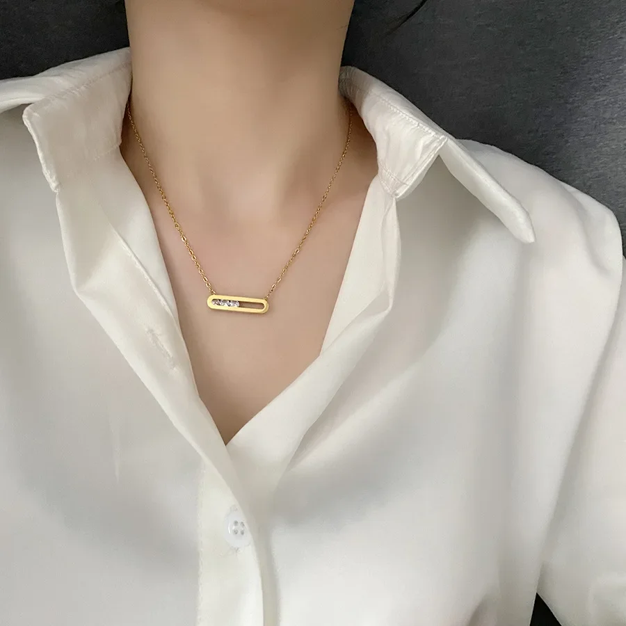 Titanium Steel Not Fade Necklace Female Rectangular Banboo pendant Zircon Clavicle Chain Plated Gold color Simple Jewelry