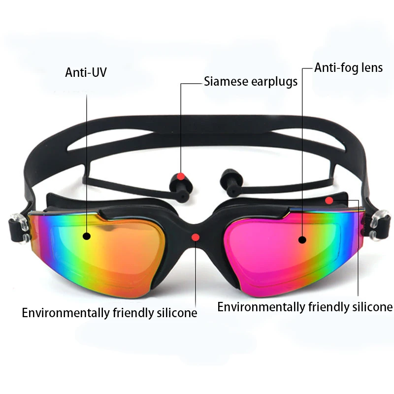 Professional Swimming Goggles for Men and Women, Silicone Anti-Fog, UV Adjustable, Multicolor Swimming Glasses with Earplug