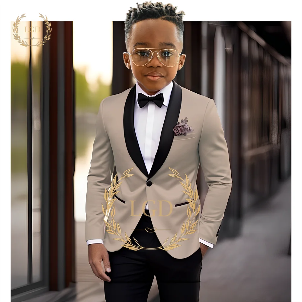 Boys\' black shawl collar single button suit dress set 2-piece (jacket+pants) children\'s wedding party birthday tailcoat