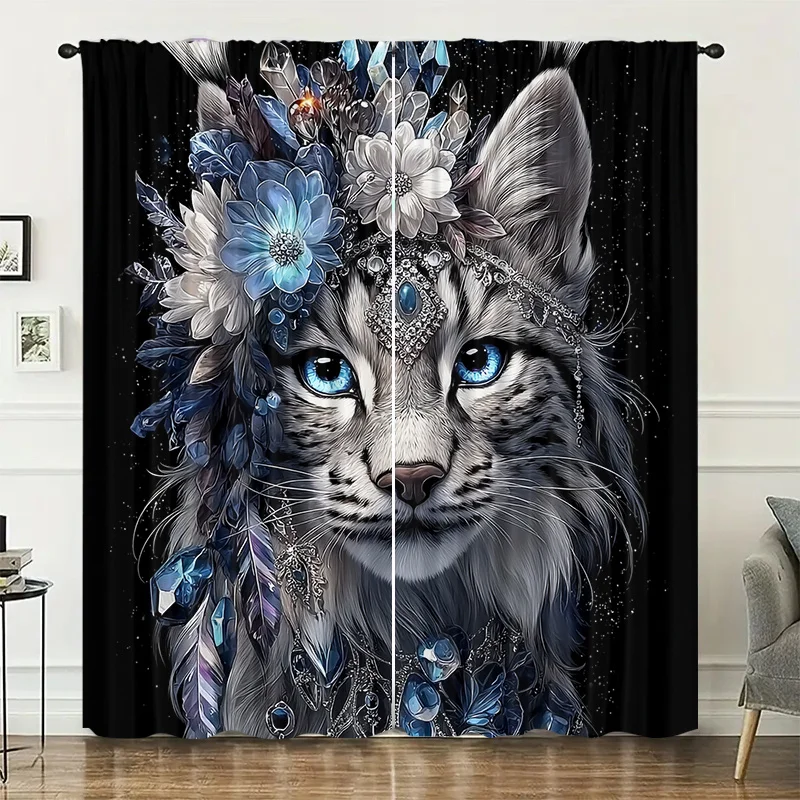 Mystical Cat Portrait Curtain Galaxy Blue Flower Crystal Fantasy Art Window Drapes Blackout Panel Room Decor Modern Style