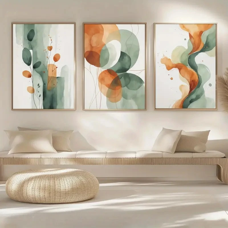 3pcs frameless Canvas Painting 3pcs Abstract Burnt Orange Sage Green Canvas Poster Wall Art, Medieval Minimalist  Painting Moder