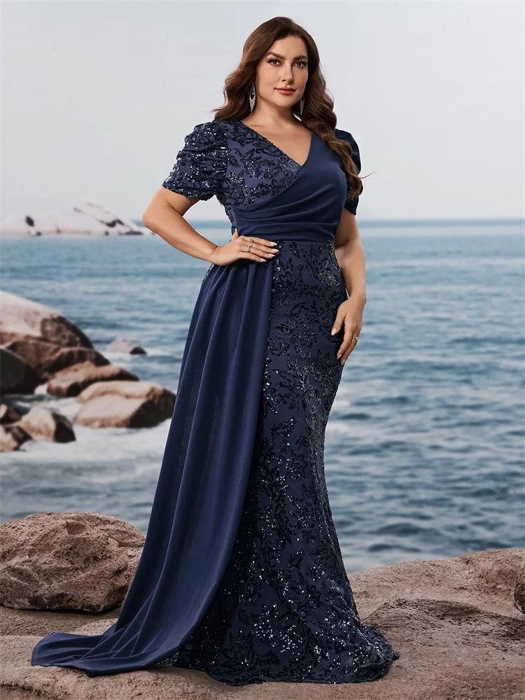 Lucyinlove Plus Size Elegant V-neck Sequins Evening Dress Women Short Sleeves Mermaid Formal Luxury Party Streamer Prom Dress image 5