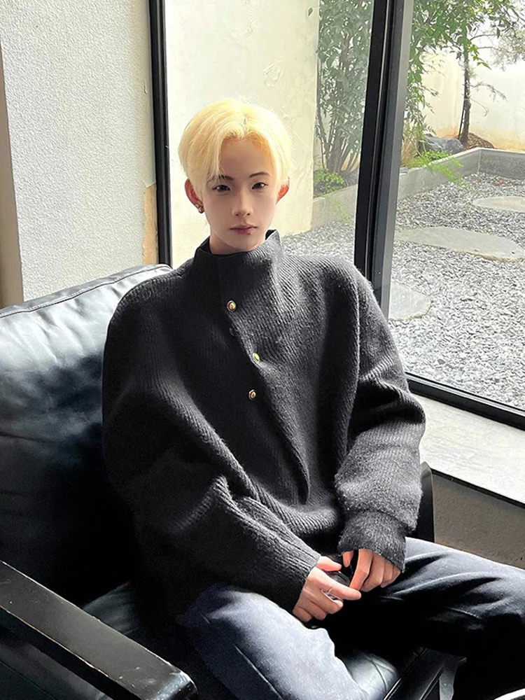 

Тяжелый асимметричный дизайн для пар, мужской трикотаж с высоким воротником, модный осенне-зимний высококачественный повседневный свитер