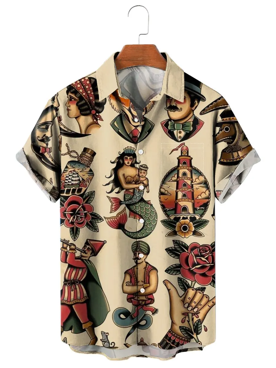 Trendy summer men's Hawaii beach travel must-have mermaid pattern fashion short sleeve shirt