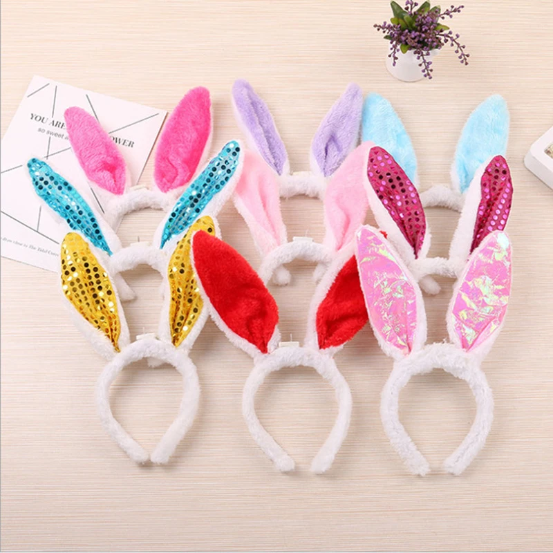 Christmas Gift Plush Rabbit Ears Hair Hoop Multicolor Sequins Hairband for Women Girls Children\'s Day Stage Performance Headband