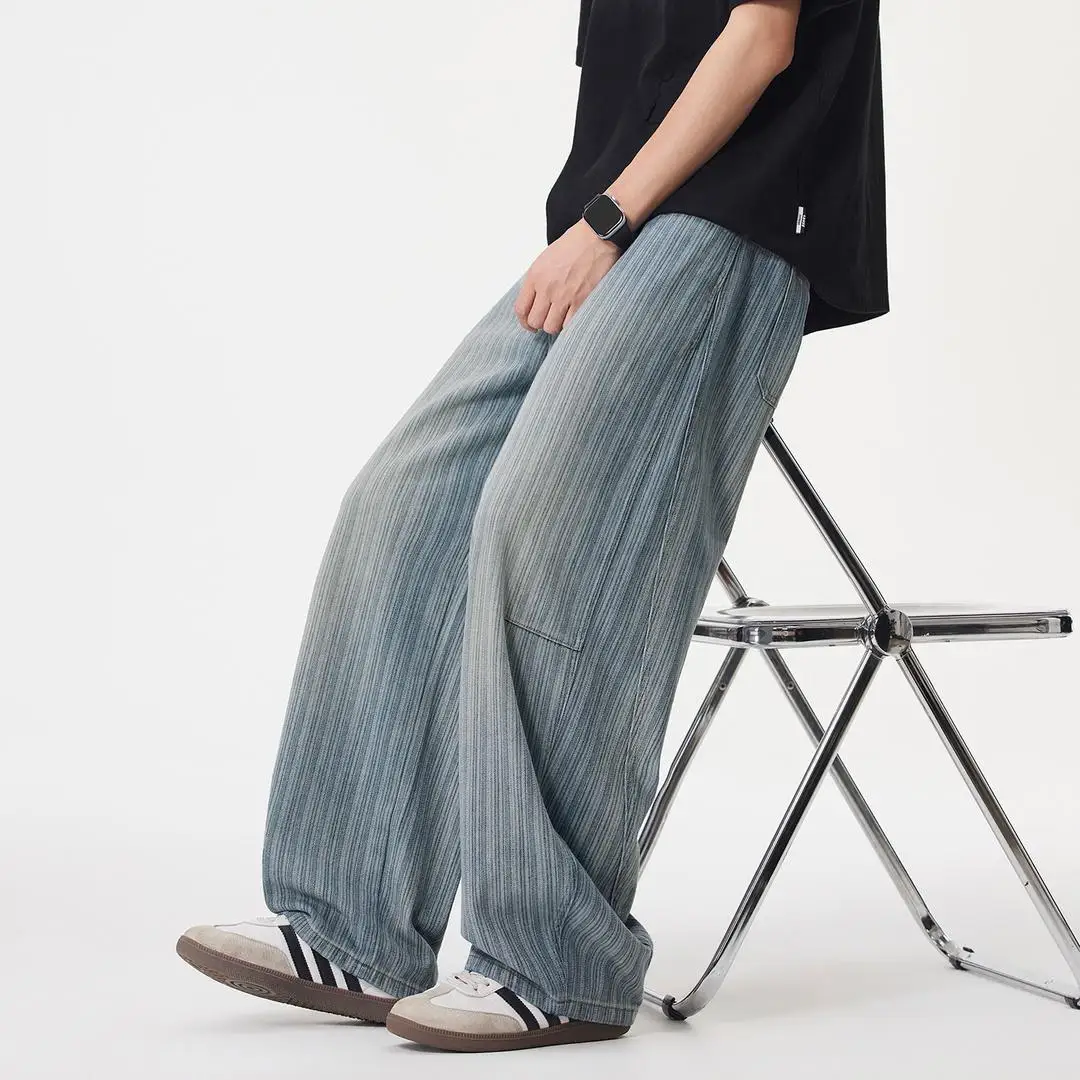 Summer Mens Thin Washed Blue Vertical Striped Wide Leg Jeans Casual Curved Hem Long Denim Bottoms