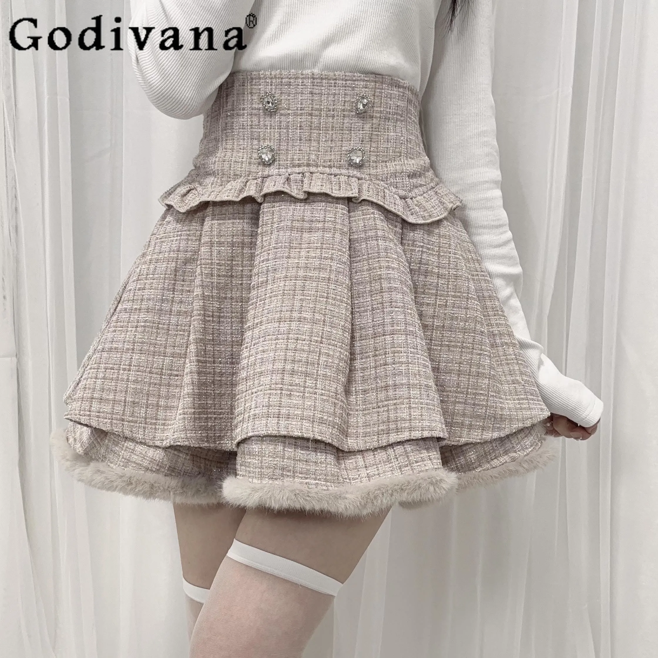 

New Autumn and Winter Double-layer High-waisted Tweed Short Skirt Japanese Mine Mass-produced Women's Woolen Skirt Sweet Sweater