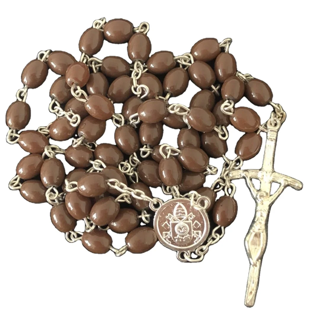 السفينة حرة 8*6 مللي متر مسبحة حبة بنية ، مسبحة زجاجية كاثوليكية مع مركز البابا فرانسيسكو #3