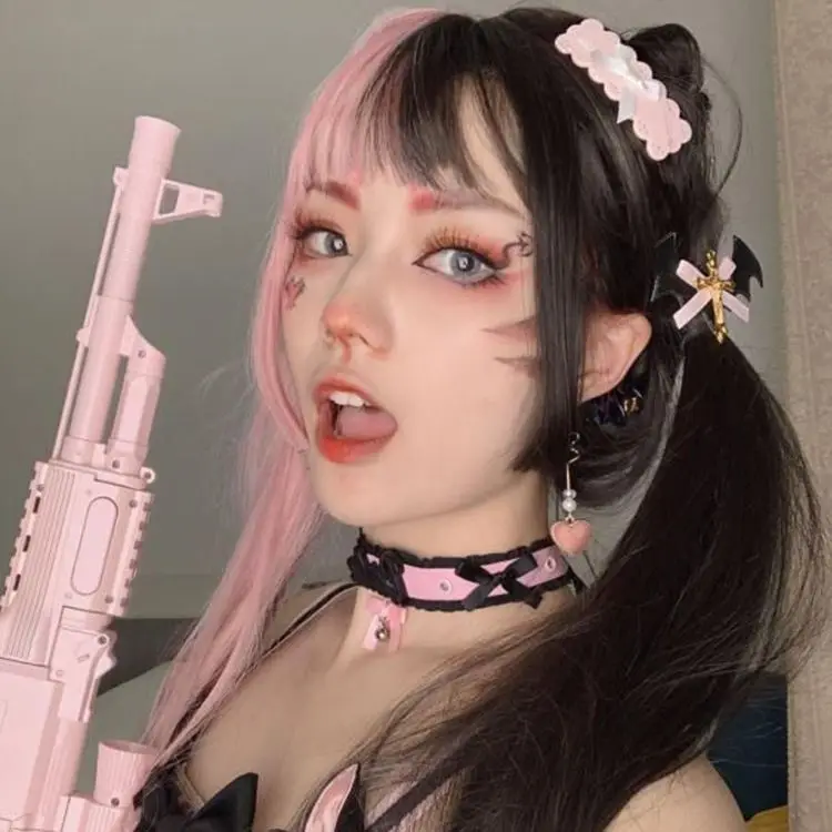 شعر مستعار لتصفيفة الشعر وقنديل البحر من Hime Cut |   قبعة لوليتا كوسبلاي كاملة سوداء طويلة مستقيمة على الطراز القوطي والكاواي