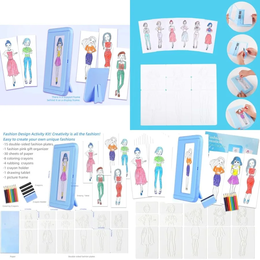 Kit de dibujo de diseño de moda con 15 platos para frotar de doble cara, juego de arte con textura, incluye crayones, lápices de colores, marco de papel Cr