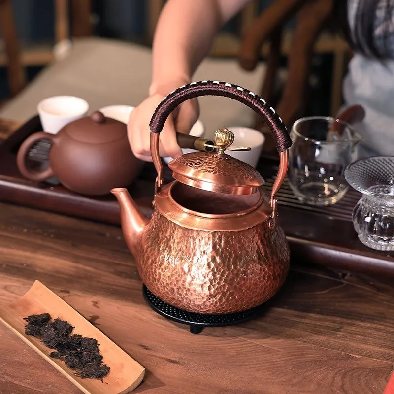 Pure Red Copper Bail Kettle Hand Hammered High‑temp Resistant For Home Stovetop Chinese Retro Gongfu Teapot