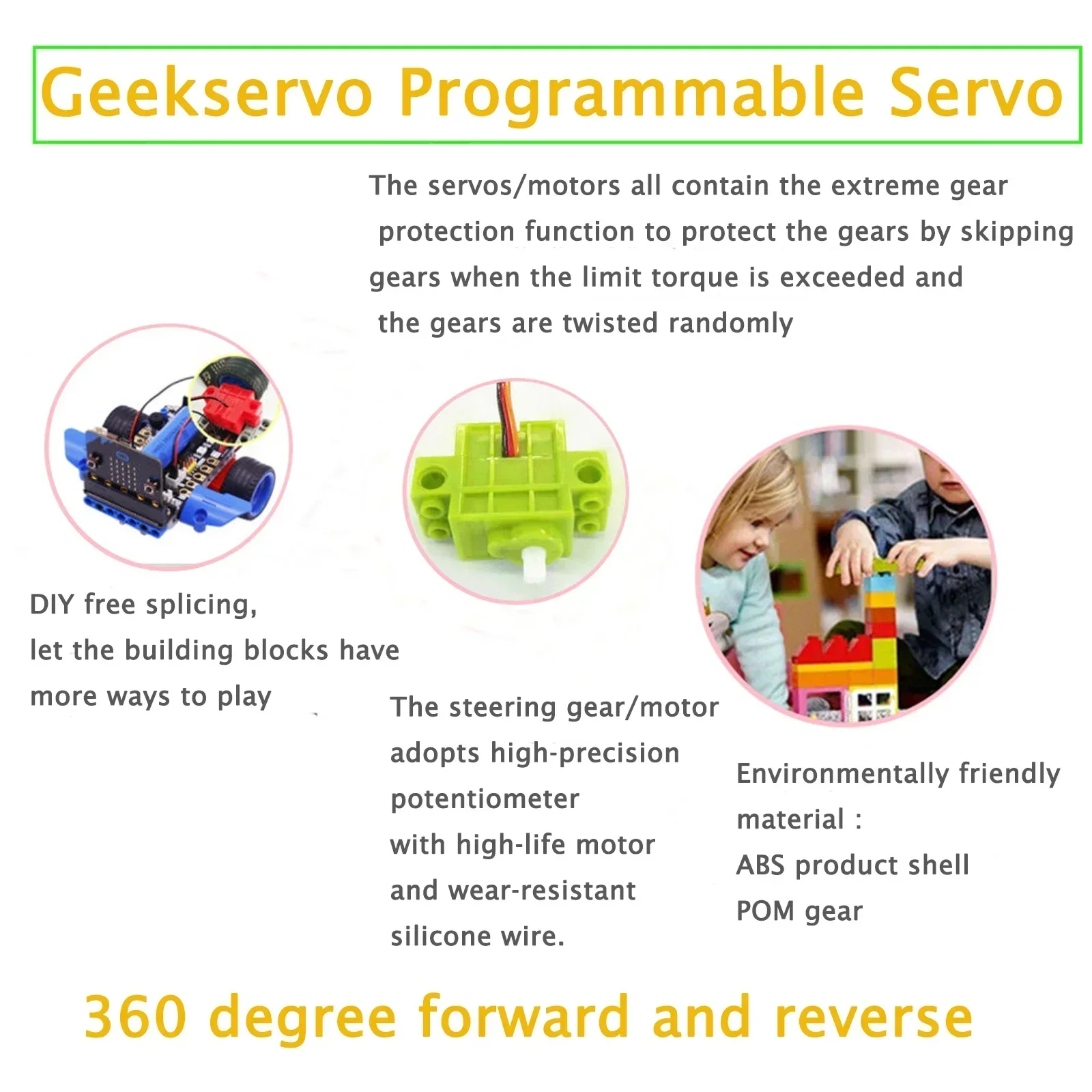 Geekservo 4 pièces servomoteur Programmable Rotation 270-360 degrés avec engrenages POM pour blocs de construction Robot intelligent voiture projets de bricolage